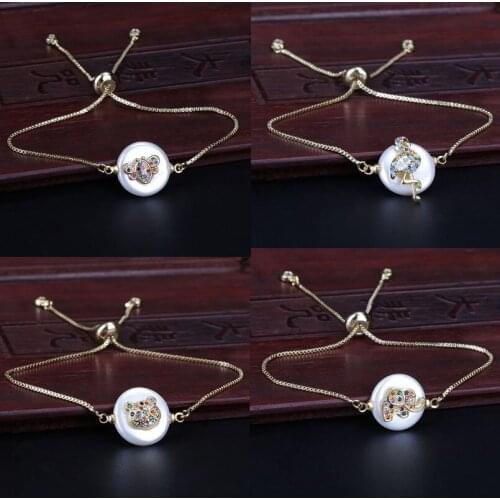 Mix cz paved tiny animal series charm flat round pearl connector charm gold dainty link bracelet for woman monther jewelry gift
