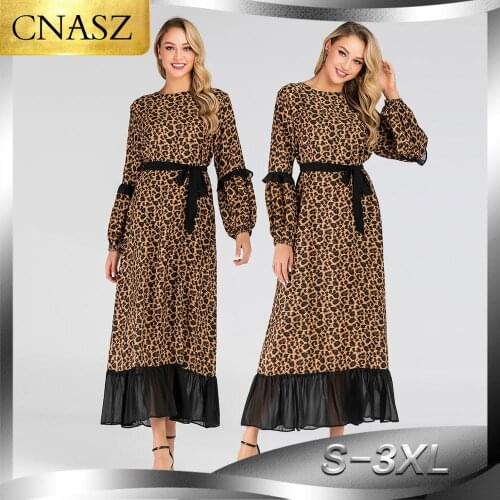 Muslim Leopard Print Long Maxi Dress Women Swing Abaya Kaftan Jilbab Gown Islamic Arab Dubai Dress With Belt Chiffon Dress