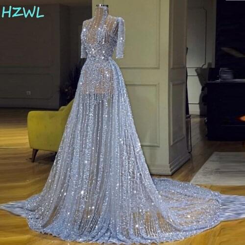 Sky Blue Bling Bling Prom Dresses Sexy See Through High Neck Half Long Sleeves Sequined Evening Gowns Sweep Train Robe De Soiree