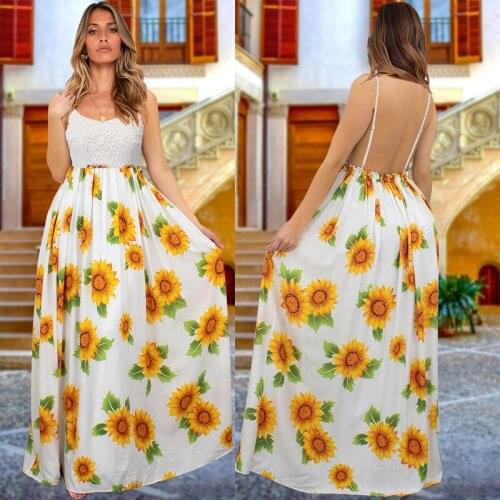 Elegant Women Boho Long Dress Summer Sexy Sling Lace Patchwork High Waist Beach Holiday Sundress Flower Printed Backless Dresses