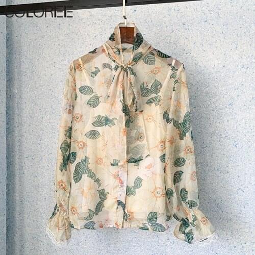 Chiffon Floral Printed Blouse Women Long Sleeve Clothing Korean Fashion 2021 Elegant Bow Womens Tunic Shirt Tops