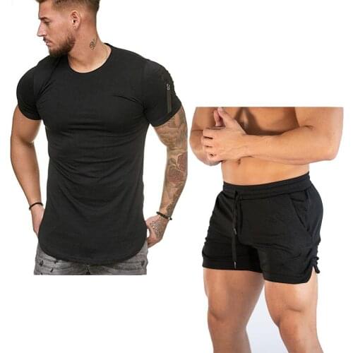 New Summer Mens Shorts +T-shirt Gyms Fitness Bodybuilding Casual Joggers Workout Brand Sporting Short Pants Sportswear Sweatpant