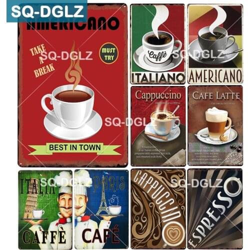 [SQ-DGLZ]Hot Italiano Coffee Metal Sign Americano Plates Cappuccino/Espresso Wall Decor Cafe Latte Tin Signs Retro Plaque