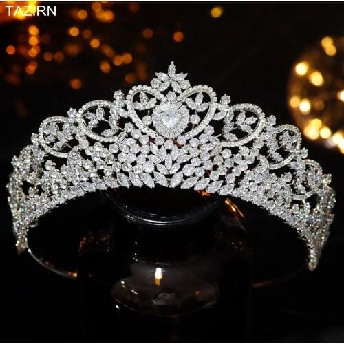 Heart Shapes 5A Zircon Wedding Bridal Tiaras Full Cubic Zirconia Pageant Queen Crowns for Quinceanera CZ Hair Jewelry for Women