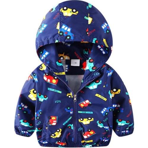 Spring and Summer New Children Clothing Colorful Cars Printed Hooded Boys Cartoon Thin Coat Casual Blue White Zipper Outwear