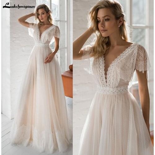 Vintage Boho Wedding Dresses Lace Appliques Champagne Dot Tulle Bride Gowns V-neck Backless Beach Wedding Party Gowns