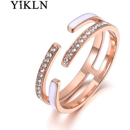YiKLN Trendy Titanium Stainless Steel White Glaze Rings For Women Girls Mosaic CZ Crystal Love Anniversary Ring Jewelry YR19077