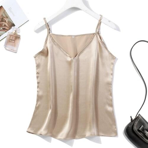 Womens 100% Mulberry Silk 16mm Satin Silk V neck Ajustable Spaghetti Strap Camisole Tank Top Vest size M L XL 2XL JN629