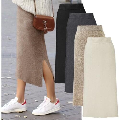 Fashion Autumn Winter Korean Knitted Women Skirts Large Size Elastic Waist Split A-line Skirts Female Plus Size Skirts