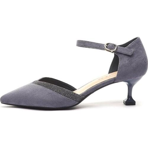 Brand Women Sandals Summer Shoes Buckle Strap Pointed Toe Flock 5CM Thin High Heels Fashion women shoes size 35-42 black gray