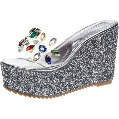 2020 Women Transparent Clear Crystal Sequins Platform Wedge Thick Sole Sandals High Heels Mules Slides Summer Beach Shoes