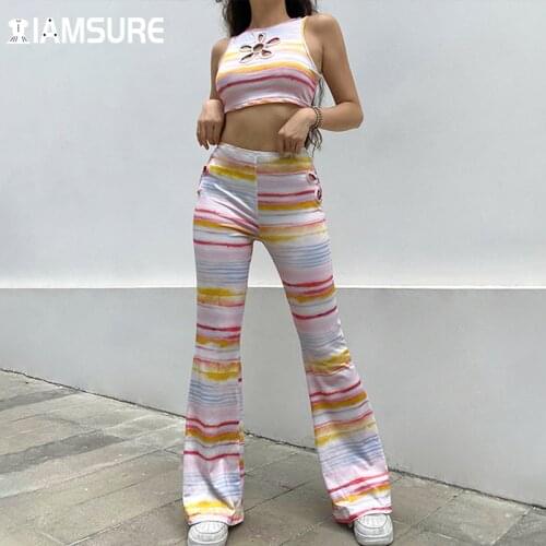 IAMSURE Beach Style 2 Pieces Set Women 2021 Holiday Hollow Out Pants Set Y2K Sweet Sleeveless Crop Top High Waisted Flare Pants