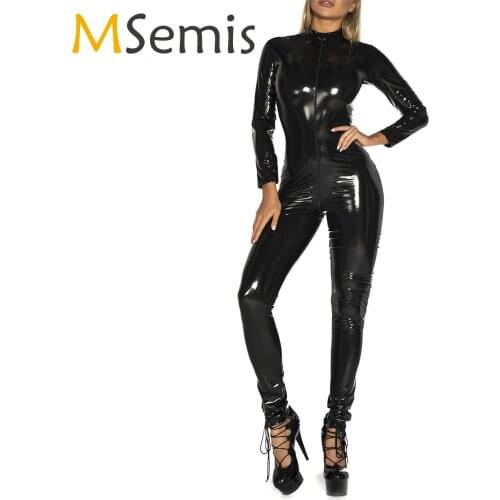 Plus Size Erotic Sexy Latex Bodysuit Women Patent Leather Bodysuit Wet Look Jumpsuit Femme Long Sleeve Zipper Catsuit Clubwear