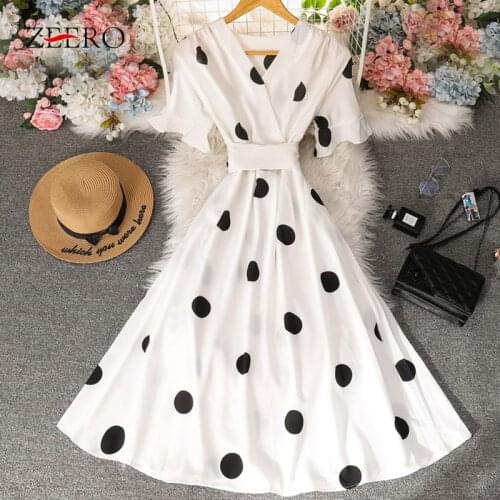 2021Summer Women V-neck Flared Short Sleeves Cross Belt A-line Dress Female Dots Cherry Heart-shaped Slim Big Swing Midi Dresses