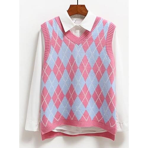 V Neck Vintage Sweater Vest Womens Blue Green Pink Sleeveless Plaid Knitted Crop Top Sweaters Casual Autumn Winter Campus Style