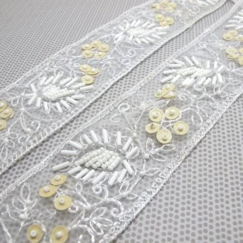 1 7/8 Inches White Sequin Beaded Embroidered Trim|Floral Ribbon|Handmade Decorative Embellishment