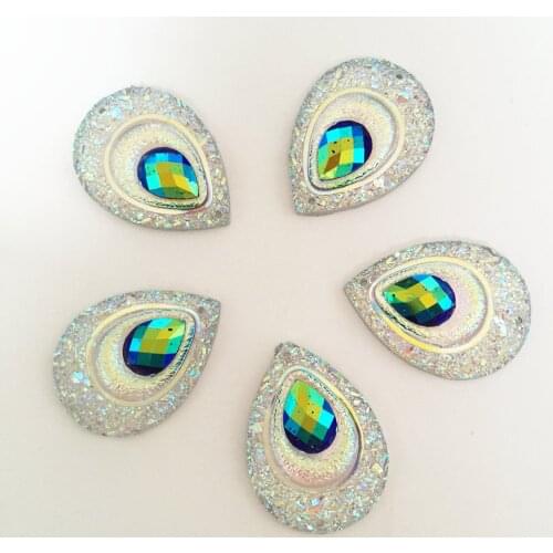 20PCS AB Resin 18*25mm Teardrop Peacock eye Flatback Rhinestone Ornaments DIY Wedding appliques 2 hole buttons SD121*2