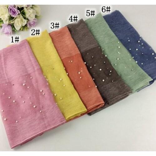 2017 Luxury Plain Wool Shawls With Pearls And Silk Cotton Women Long Scarves Muslim Hijab Wraps 10pcs /lot