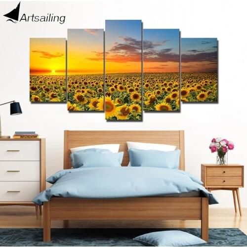 HD Printed 5 Piece Canvas Prints Sunflower Sunset Canvas Painting Golden Flower Field Wall Pictures for Living Room Home Decor