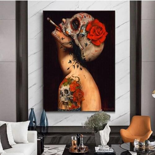 Abstract Canvas Painting Sexy Smoking Nude Skull Girl with Flower Tattoo Posters and Prints Wall Pictures for Living Room Decor