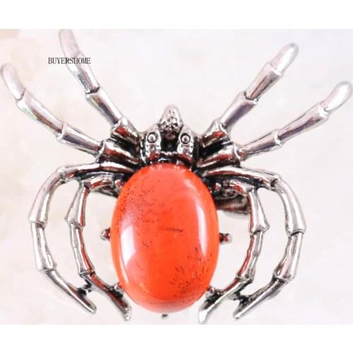 Spider Brooch Natural Stone Red Jaspers CAB Cabochon Bead Pendant For Men Women Jewelry Gift 1Pcs K711