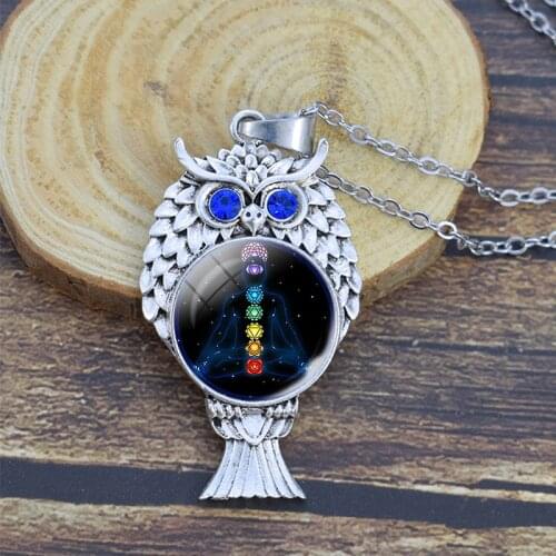 7 Chakra Healing Necklace Owl Pendant Antique Chain Owl Necklace for Men Women Reiki Symbols Jewelry