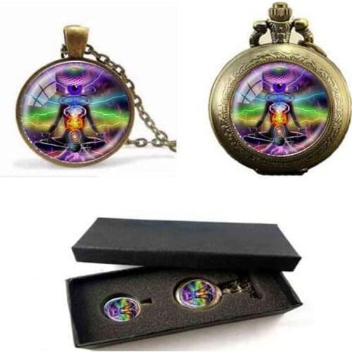Chakra yoga necklaces pendants bronze chain Hinduism necklace sign meditation photo necklaces pocket watch with free box