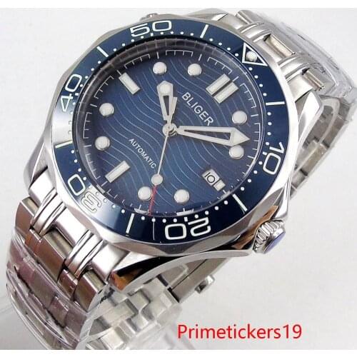 Mechanical mens watch 41mm BLIGER sapphire glass blue dial blue ceramic bezel stainless steel bracelet date indicator