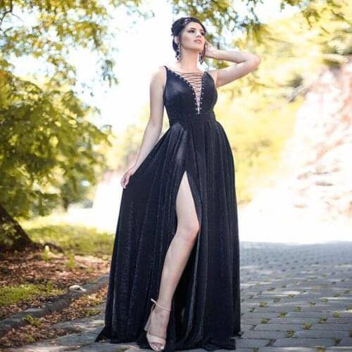 Black Lace-up Long Prom Dresses Sleeveless Leg Slit Party Dresses A-Line Floor Length Special Occasion Gowns Plus Size