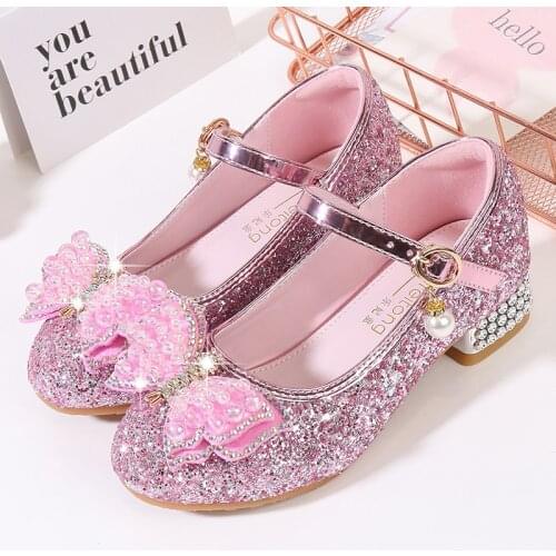 Princess Kids Leather Shoes For Girls Casual Glitter Children High Heel Girls Shoes Sandals Butterfly Knot Blue Pink Silver