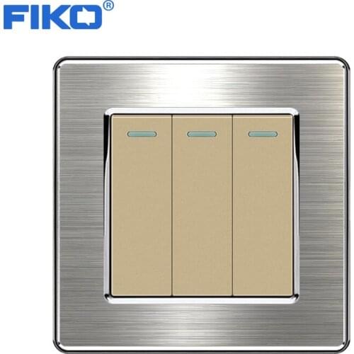 FIKO UK standard light switch ,EU/UK 3Gang 1/2way rocker switch, Reset luxury switch 86*86mm stainless steel panel Household