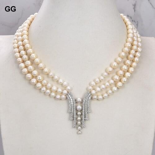 GuaiGuai Jewelry 18" 3 Strands Cultured White Pearl Necklace CZ Pave Pendant