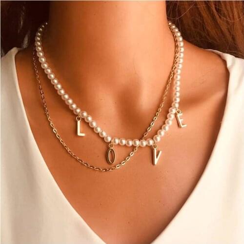 Gold Metal Letter Love Pendant Thick Simulated Pearl Chain Chokers For Women Doulbe Layer Fashion Jewelry Collar Punk Necklace