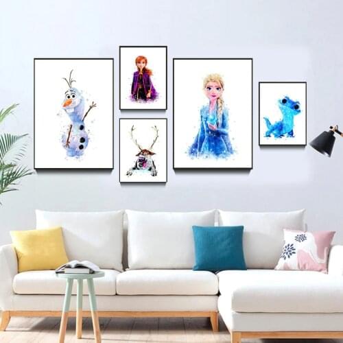 Disney Movie Frozen Canvas Painting Princess Anna and Elsa Olaf Sven Kristoff Bruni Salamander Poster and Prints Kids Room Decor