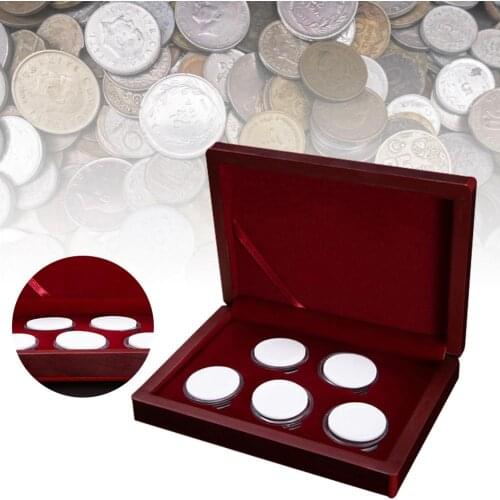 5 Capacity Coin Collection Box Commemorative Coin Protection Wooden Case Display Box Storage Boxes Holders Clear Round Capsules