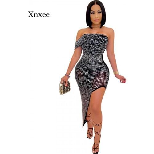 Summer Womens Rhinestone Mesh Sexy Tight-Fitting Dress Hot Drilling Club Clothing Asymmetrical Thigh High Slit Long Skirt