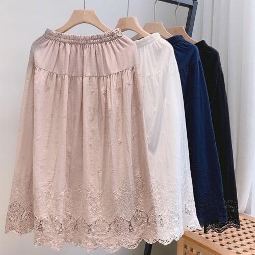 Summer Womens Cotton and Linen Skirt With Embroidery Lace Double Layer Loose Elastic Waist Long Skirt