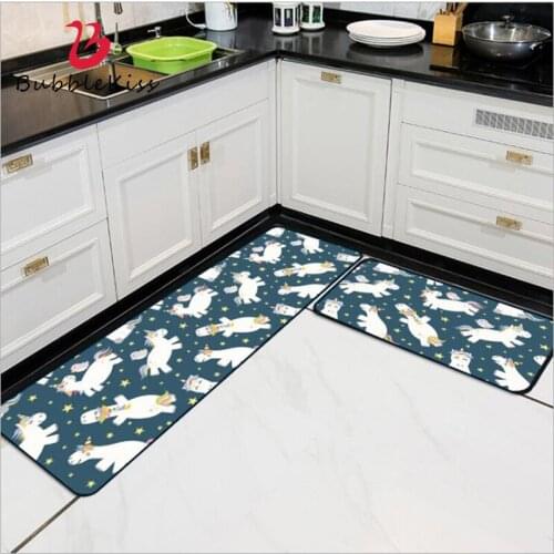 Bubble Kiss Cute Cartoon Unicorn Dark Blue Kitchen Mats Waterproof Welcome Mats for Front Door 40X60cm Kitchen Mat Floor Mats