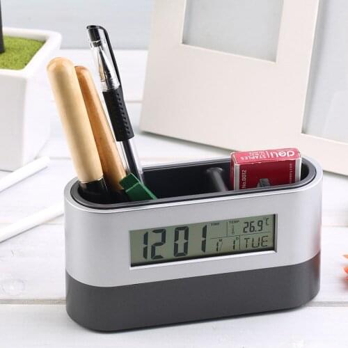 Multifunctional Home Office Digital Snooze Alarm Clock Pen Holder Calendar Temperature Display Black Blue Good Quality Free Ship