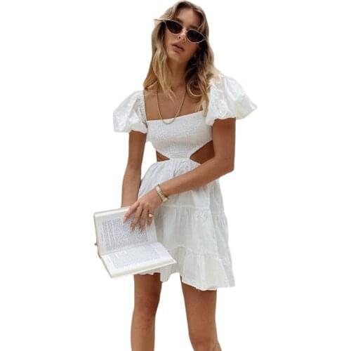 MosiMolly 2021 Trendy Shirred Dress Backless Sexy Dress White Hollow Out Mini Dress Puff Sleeve Dress Female Vestidos