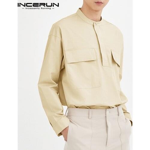 Men Shirt Stand Collar Long Sleeve Solid Color Streetwear Pockets Korean Men Clothing 2021 Loose Casual Camisas S-5XL INCERUN
