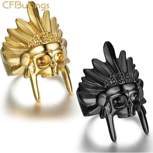 CFBulongs Retro Indian Chief Head Head Skull Titanium Steel Mens Ring