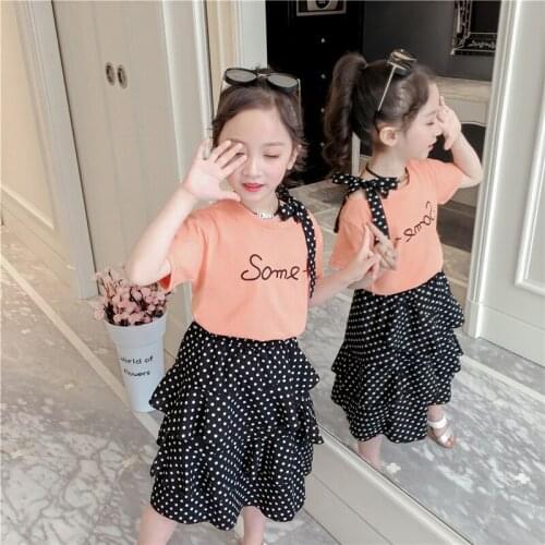 New Summer Fashion baby girls Sets Elegant Bow Short Sleeve T-shirts + High Waist Dot Cake Skirts Students Suits Small Fresh