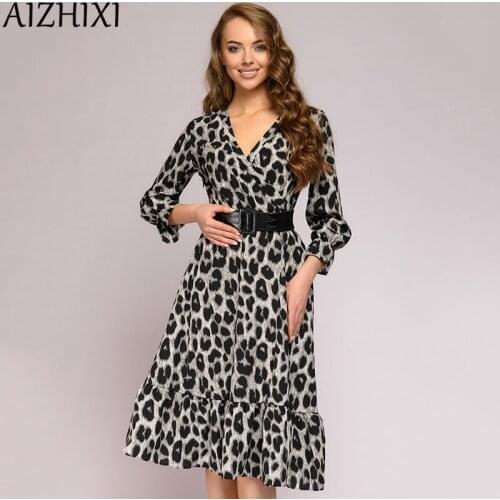 AIZHIXI 2020 Autumn Ruffle Hem Leopard Print Dress Women V neck Flare Sleeve Elegant Vintage Midi Sexy Party Dresses (No Blet)