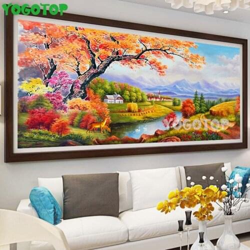Fall village lake natural scenery diamond embroidery full rhinestone mosaic big tree diamond painting large decor YY4995