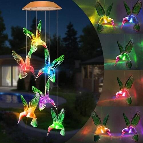 LED Solar Lights Colorful Crystal Ball Hummingbird Wind Chime Light Color Changing Waterproof Hanging Solar Light For Christmas