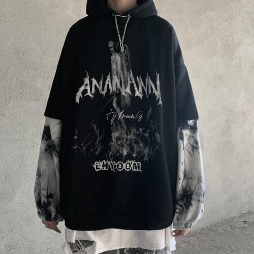 Dark Black Evil Print Sweatshirt Black Letters Fleece Faux Two Pieces Hoodies Goth Punk Loose Hip Hop Sweatshirts for Couples