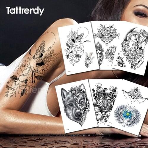 Tattoo sticker flower temporary waterproof tattoo fake black sketches tattoo designs leaves animals wolf arm sleeve body decal