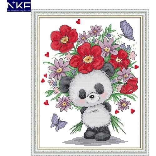 NKF Bear Giving Flowers Cross Stitch Stamped Handmade Craft Needlework Cross-Stitch Embroidery Kit Cross Stitch for Home Decor