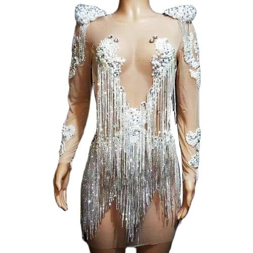 Pearl Rhinestones Fringe Dresses Mesh Gauze Perspective Mini Dress Sexy Costumes Party Evening Costume Nightclub Dance Show Wear
